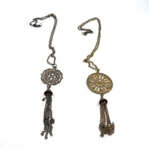 Boho Statement‎ Necklace Filigree Pendant Set of 2 Tassel Antique Bronze Tone
